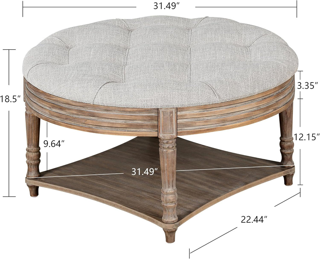 31.49'' Round Coffee Table with Storage Space, 2-Tier Modern Wood Circle Coffee Table for Living Room, Moveable Table Top & Easy Assembly & Waterproof Upholstered Linen, Light Gray & Wood