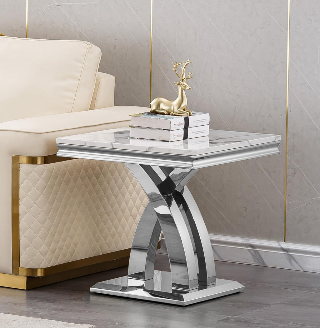 Modern Marble End Table,22' Suqare Side Table with Silver X-Shape Stainless Steel Base,Luxury White Faux Marble End Table Nightstand Pedestal Stand Lamp Table for Hallway, Living Room, Bedroom