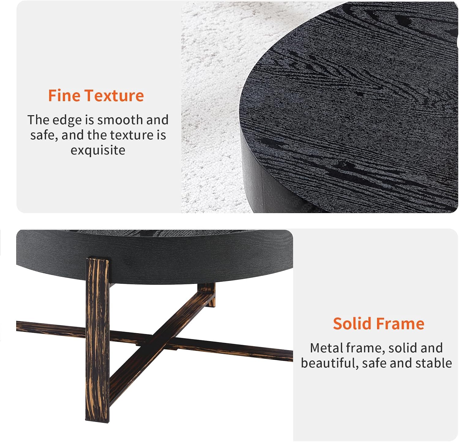 Round Coffee Table, 30.7' Modern Coffee Tables for Living Room, Circular Wooden Center Tea Table with Metal Legs for Apartment Office Small Space, Black