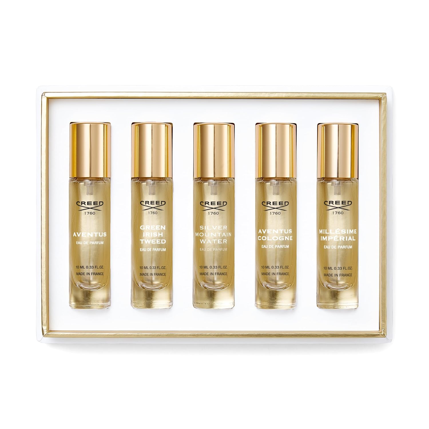 House of Creed Men's Holiday Gift Coffret Set, Features 5 Signature Perfume Scents of Aventus, Aventus Cologne, Green Irish Tweed, Millésime Impérial, and Silver Mountain Water, 5 x 10ml