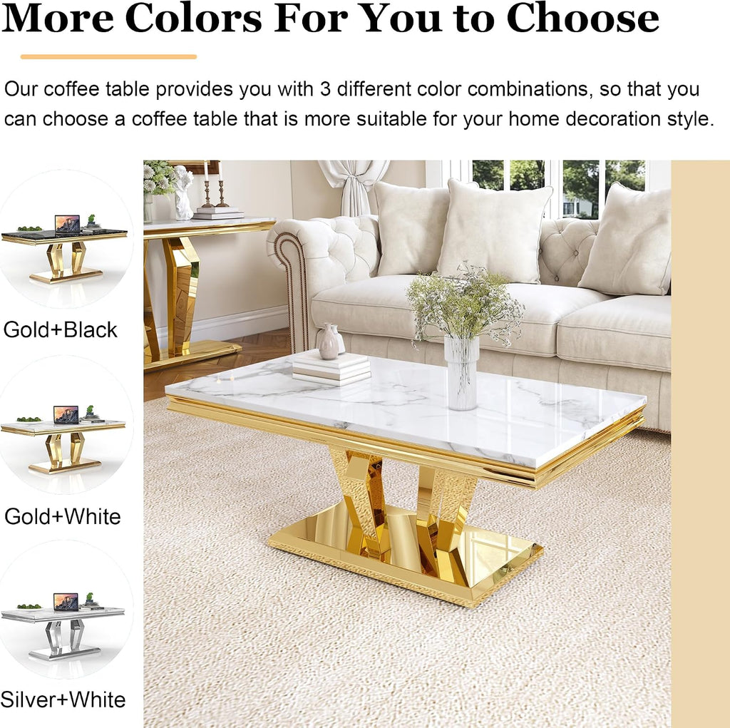Modern Marble Coffee Table, 47' Living Room Table with Diamond-Shape Stainless Steel Base and Thickened Faux Marble Top for Living Room, Bedroom, Lounge (Gold,White)