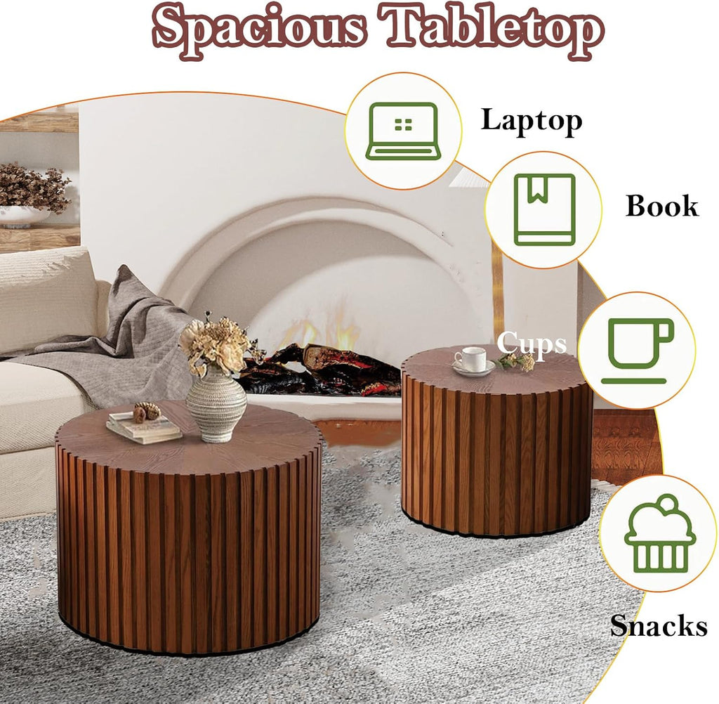 Handcraft Round Nesting Coffee Table - Chic Wave Stripe Edge, Modern Stylish Walnut Wooden Circle Fluted Center Table for Living Room (18.9IN+15IN)