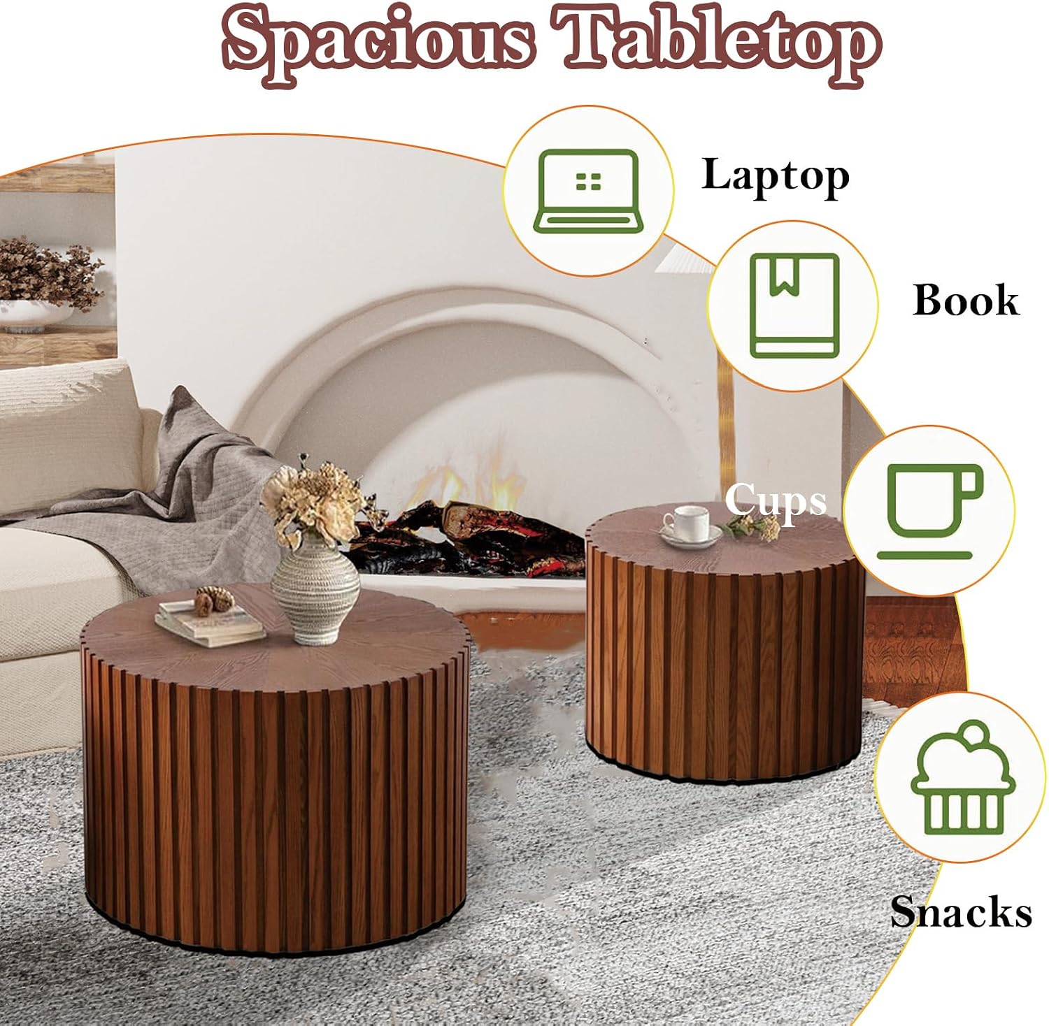 Handcraft Round Nesting Coffee Table - Chic Wave Stripe Edge, Modern Stylish Walnut Wooden Circle Fluted Center Table for Living Room (18.9IN+15IN)