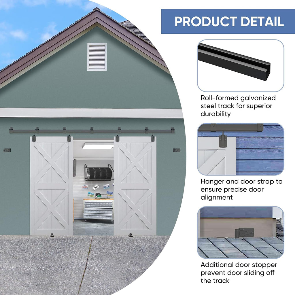 Exterior Barn Door Hardware Kit, BARNSMITH 10FT Sliding Barn Door Hardware Heavy Duty Doors Track Kit for Double Doors Use, Wall Mount, Black (Hardware Only)