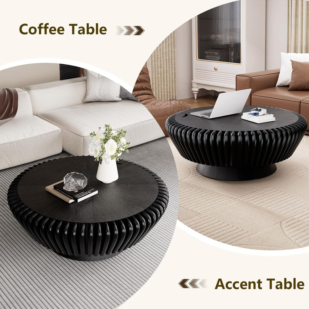 Modern Wood Fluted Round Coffee Table with Storage - Handcraft Drum Coffee Tables with Sturdy Base, Accent Center Table Small Circle Coffee Table for Living Room,Office, Apartment (Black 35.4')