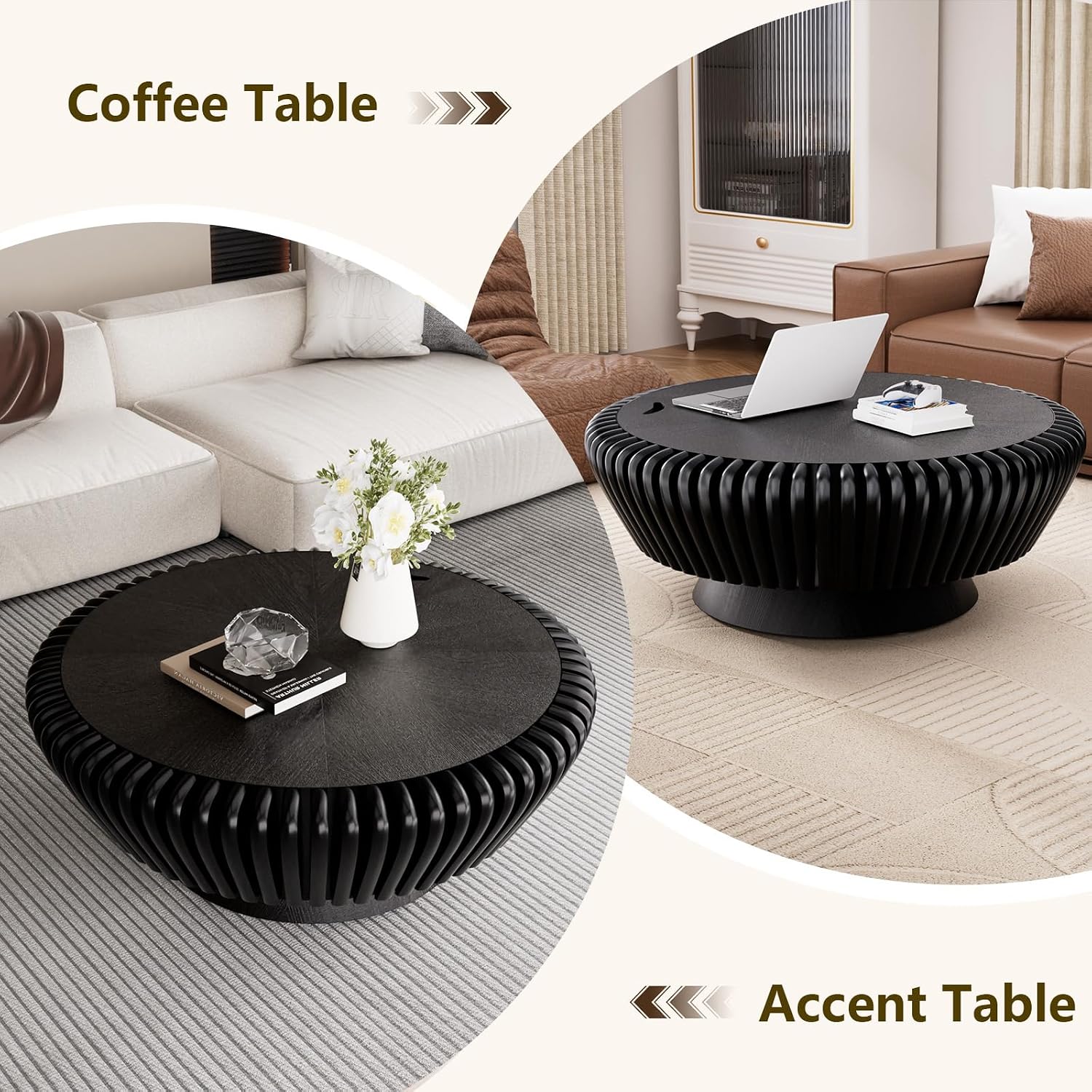 Modern Wood Fluted Round Coffee Table with Storage - Handcraft Drum Coffee Tables with Sturdy Base, Accent Center Table Small Circle Coffee Table for Living Room,Office, Apartment (Black 35.4')