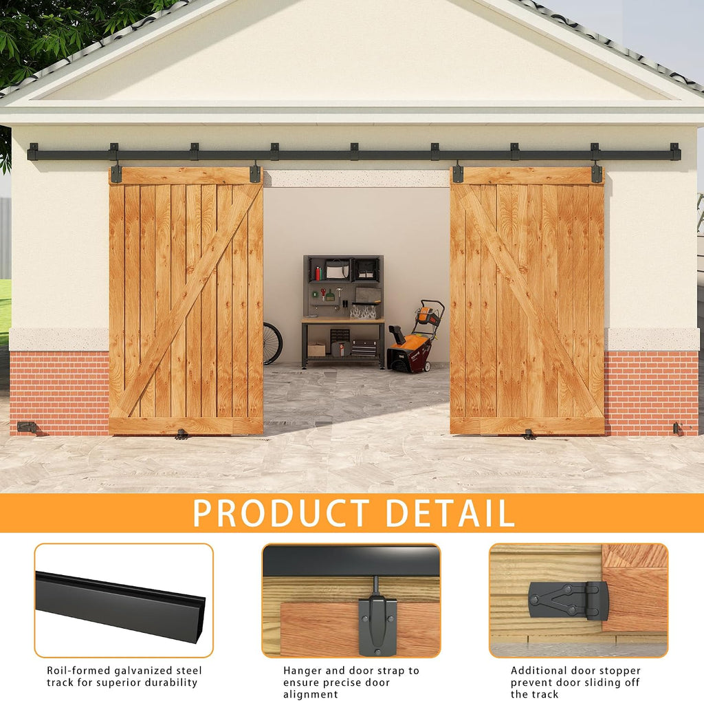 14FT Black Box Rail Exterior Barn Door Hardware Kit for 2 Doors, Sliding Heavy Duty Barn Door Track, Wall Mount Barn Door Hardware with 7 Track Brackets(Doors NOT Include)