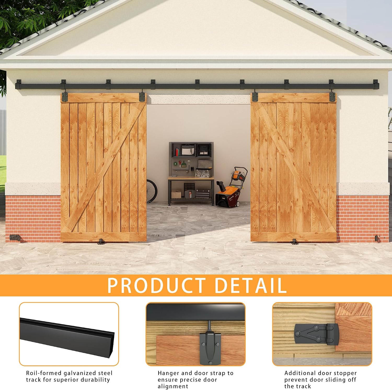 14FT Black Box Rail Exterior Barn Door Hardware Kit for 2 Doors, Sliding Heavy Duty Barn Door Track, Wall Mount Barn Door Hardware with 7 Track Brackets(Doors NOT Include)