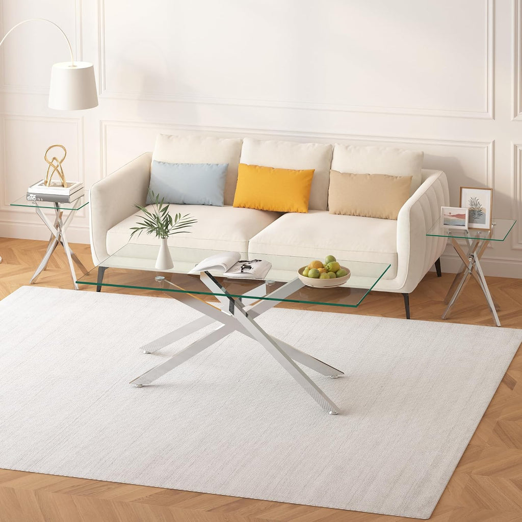 Glass Coffee Table Set of 3 Piece, Living Room Tables Set of 3 Pcs, Including 1 Coffee Table and 2 End Side Tables, Metal Frame, Tempered Glass, for Small Space, Apartment (Silver, W39.37' + W17.72')