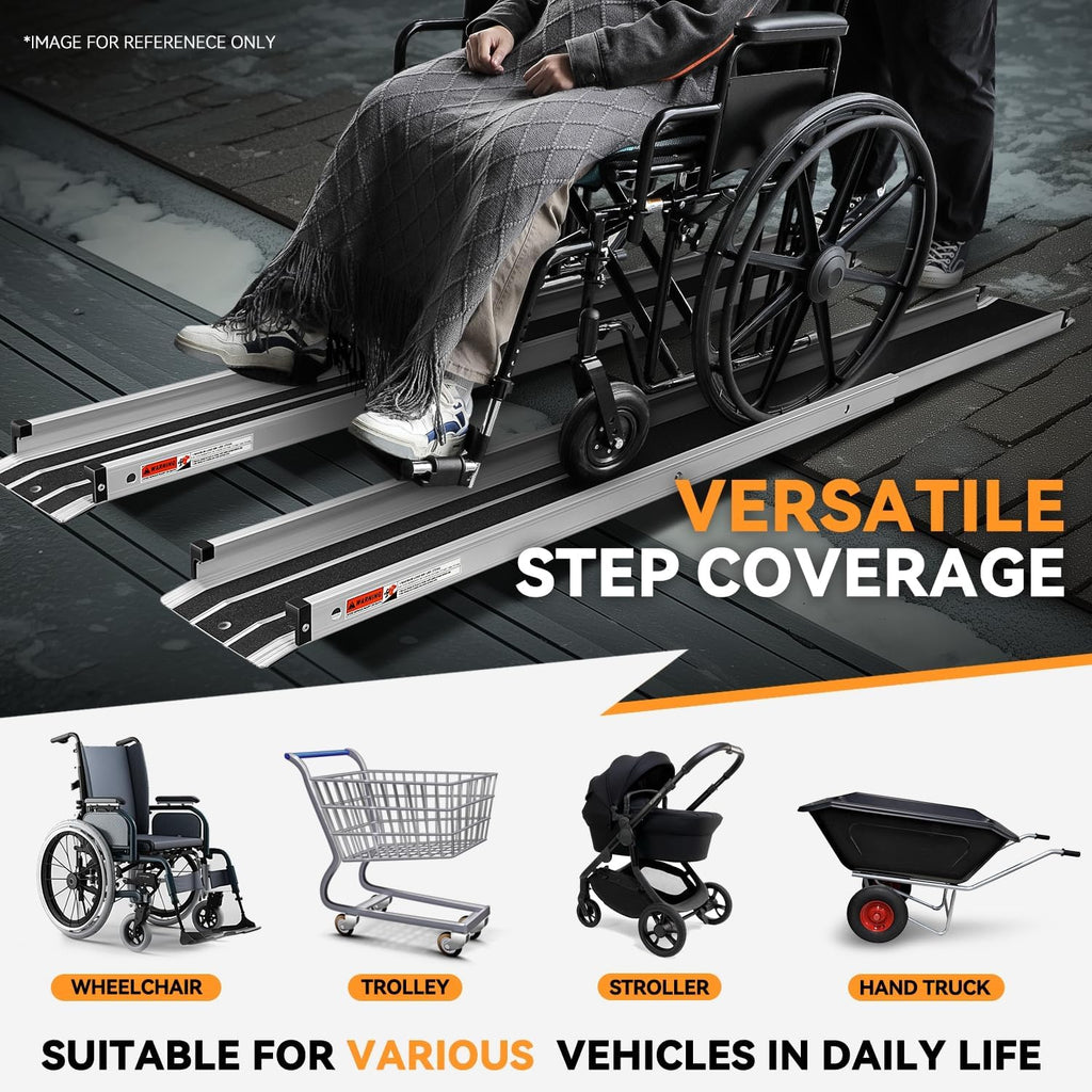 Auto Dynasty 8FT Adjustable Wheelchair Ramp with Support Stand, Portable Telescoping Folding Aluminum Wheel Chair Threshold Ramps for Home Steps Doorways, 96' L x 7.4' W, 1200Lbs Capacity (2 Pack)