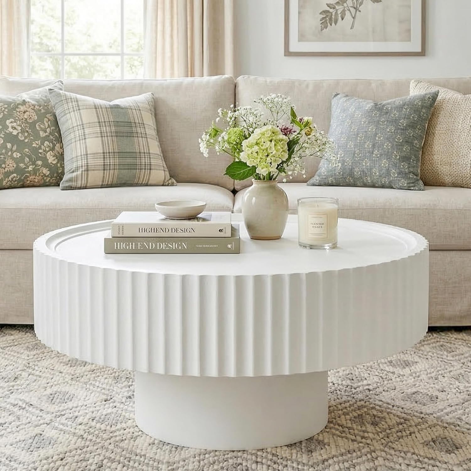 Round Coffee Table, Modern Living Room Table, Wood Center Table with Fluted Drum, Circle Coffee Tables with Fine Grain Textured Tabletop, Farmhouse Tea Tables for Living Room,30.3×13.7in
