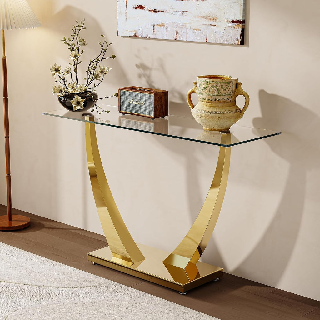 47' Glass Console Table, Modern Rectangular Sofa Table with Tempered Glass Top and Gold Horn-Shaped Stainless Steel Base for Living Room, Entryway, Hallway