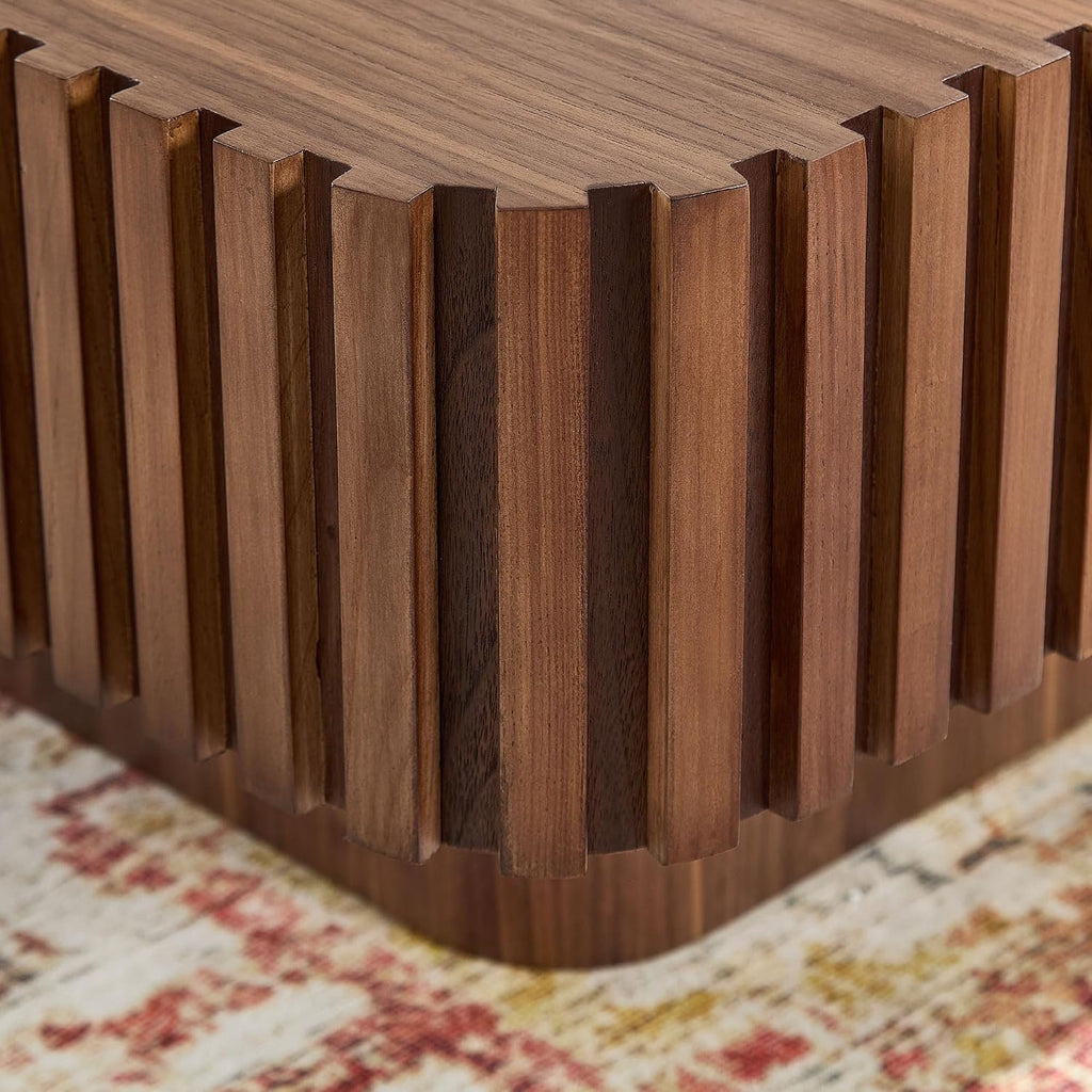 WILLIAMSPACE 31.5' Square Coffee Table with Sturdy Base, Modern Luxury Wood Drum Center Table Accent End Side Table for Living Room, Minimalist Fluted Design, Walnut