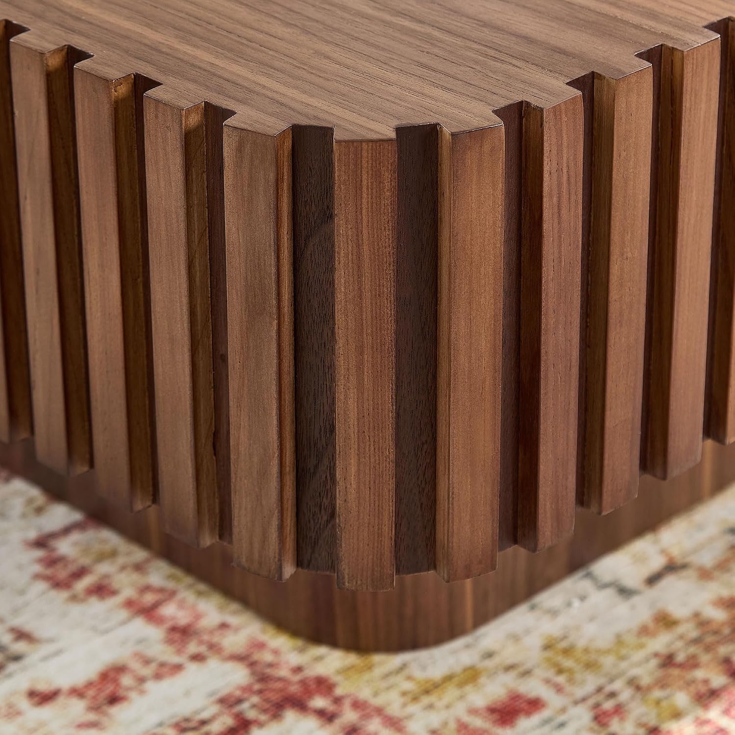 WILLIAMSPACE 31.5' Square Coffee Table with Sturdy Base, Modern Luxury Wood Drum Center Table Accent End Side Table for Living Room, Minimalist Fluted Design, Walnut