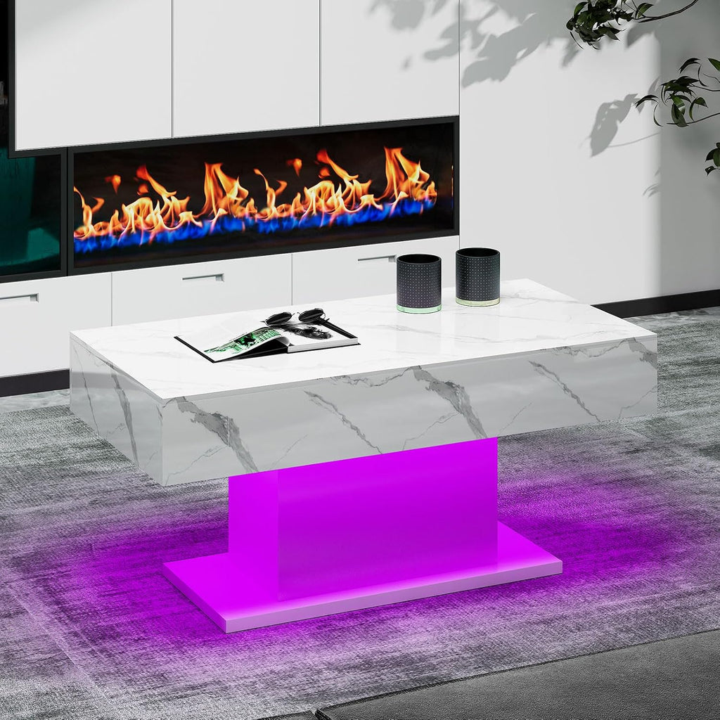 HedoAjim Led Coffee Table for Living Room, Living Room Table Rectangular Center Table, Modern High Glossy Wooden Coffee Tables with 16 Colors LED Lights for Dining Reception Room, White Marble