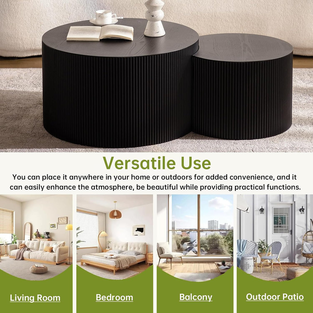 Round Nesting Coffee Table Modern Black Fluted Coffee Table Set of 2 for Living Room Circle Drum Coffee Tables Round Nesting Tables Crescent Side Accent End Table for Small Space (Black A 27in)
