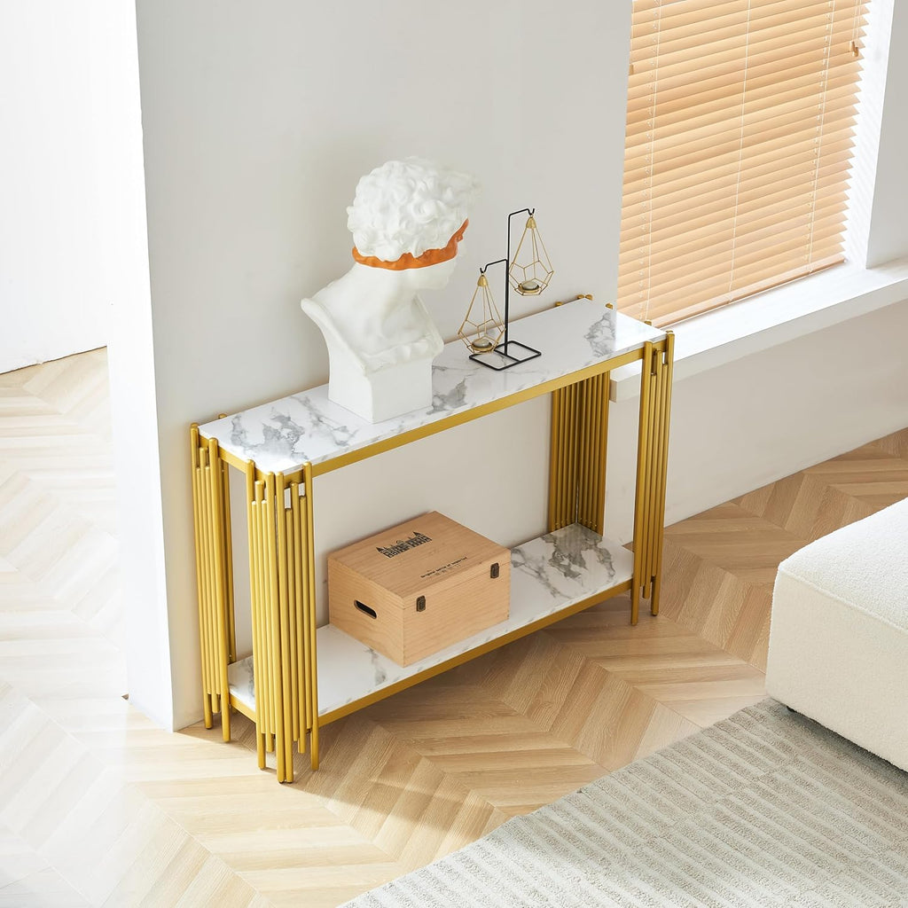 Gold Console Table, Modern 47.2' Entryway Table with Geometric Gold Metal Frame, 2 Tier White Faux Marble Sofa Table Behind Couch Table Accent Table for Entrance Living Room Hallway