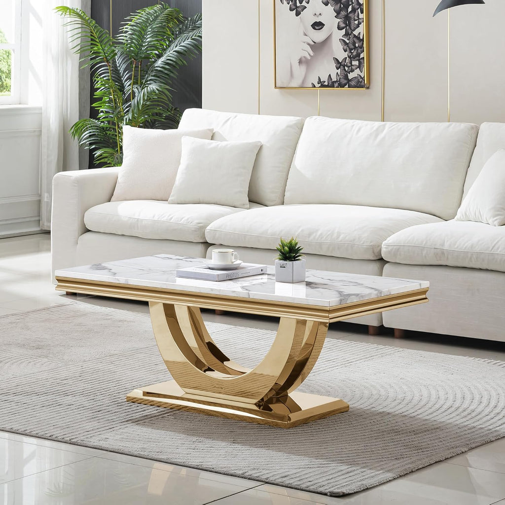 Marble Coffee Table Set of 3, 3 Piece Living Room Table Set Include 1 Coffee Table & 1 End Table & 1 Console Table, Modern White Gold Coffee Sofa Table Sets with Double U Shape Stainless Steel Base