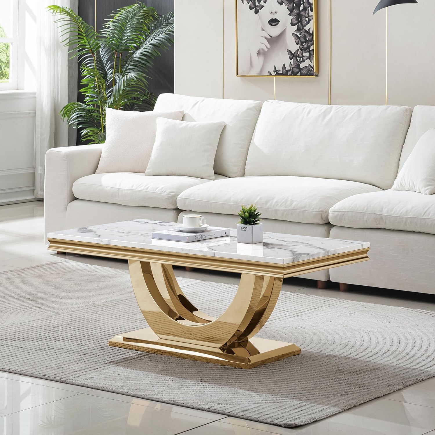 Marble Coffee Table Set of 3, 3 Piece Living Room Table Set Include 1 Coffee Table & 1 End Table & 1 Console Table, Modern White Gold Coffee Sofa Table Sets with Double U Shape Stainless Steel Base