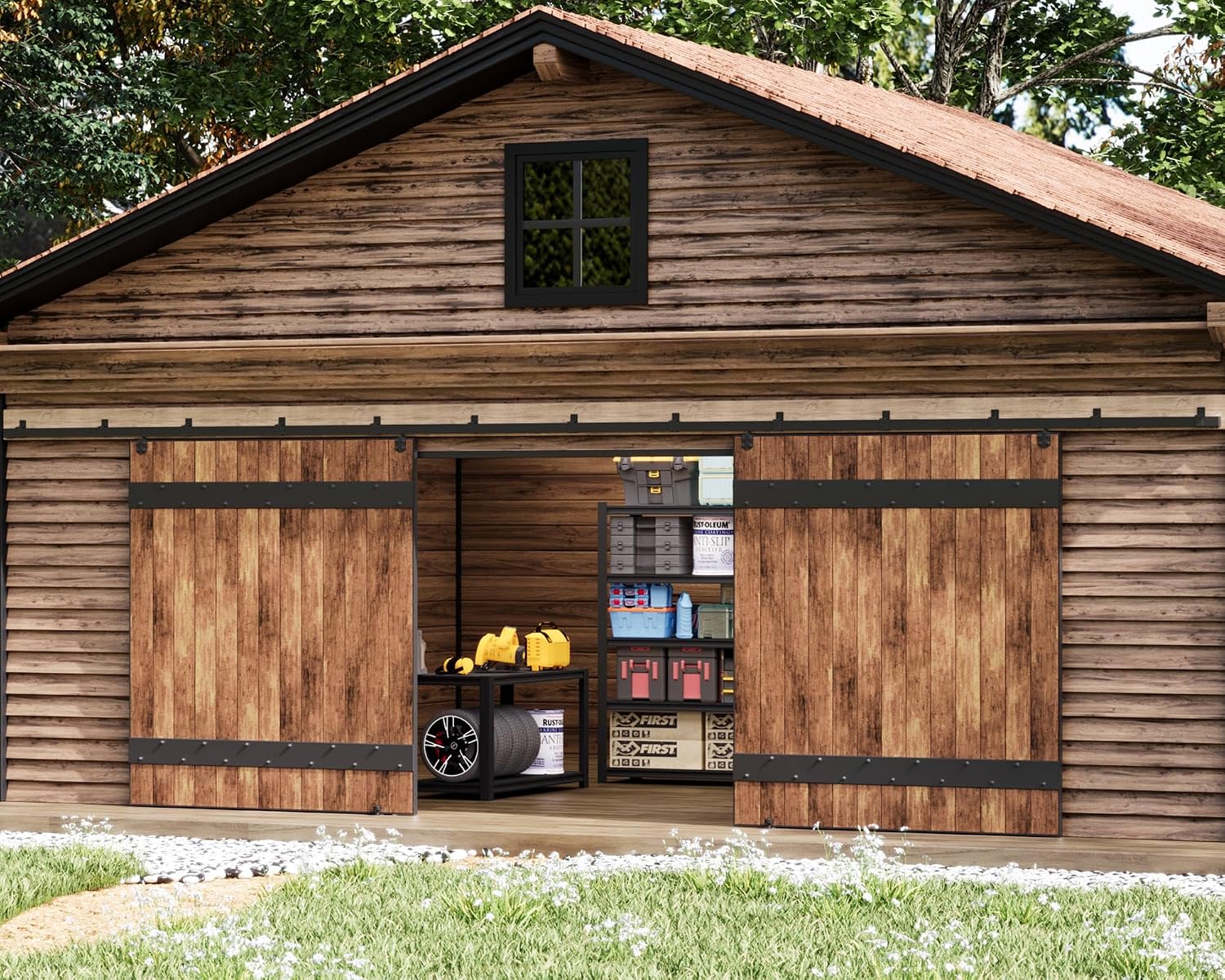 Easelife 24FT Exterior Sliding Barn Door Hardware Kit, Box Rail Track, 450lb Capacity, Black Weather-Resistant Steel, Wall Mount System for Outdoor Use, Fit Double 72in Door