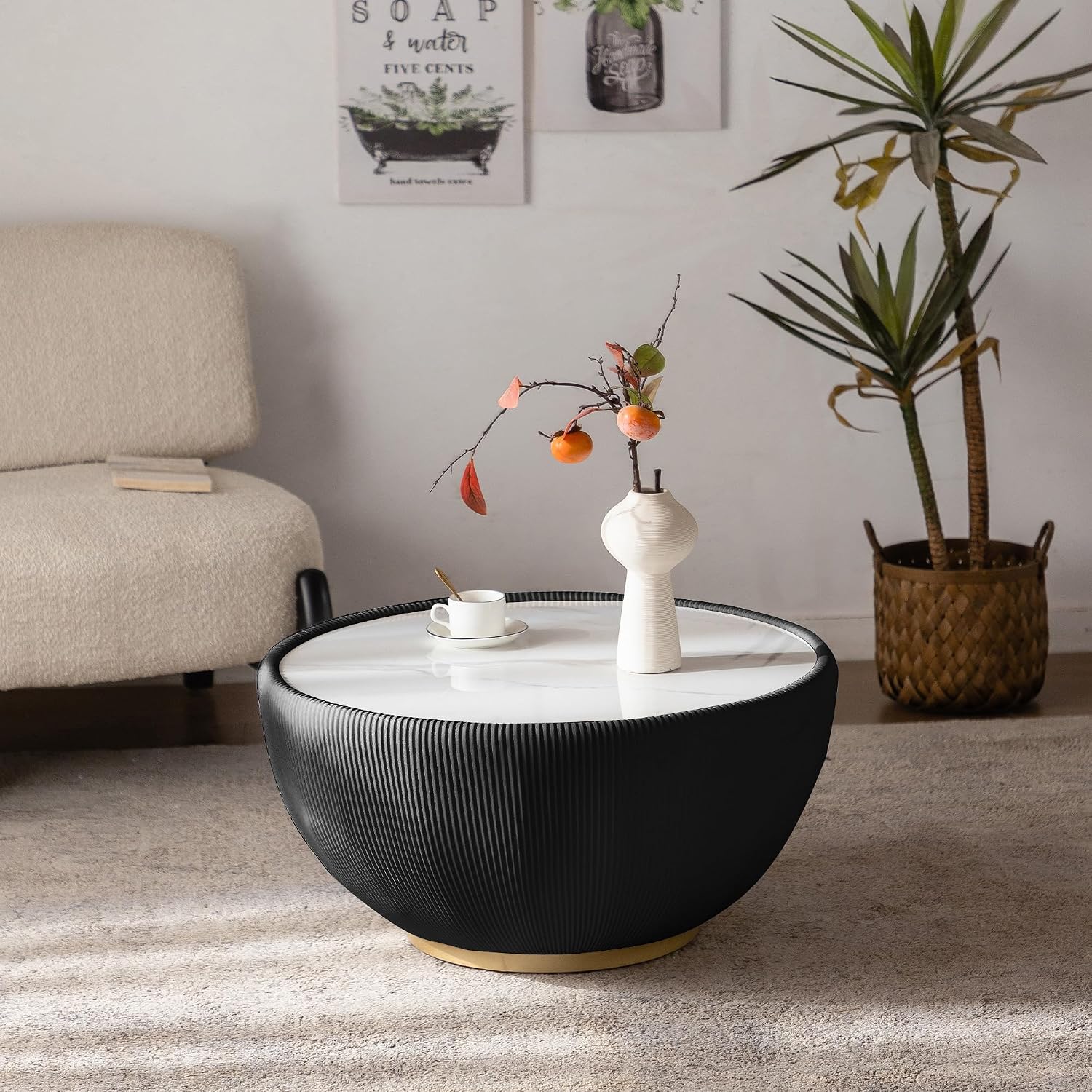 29.53' Round Coffee Table, Modern Cocktail Tables with Decorative Vertical Texture, 29.53 inch Black Bowl Center Tables, Accent Sintered Stone Coffee Table for Living Room Apartment Office