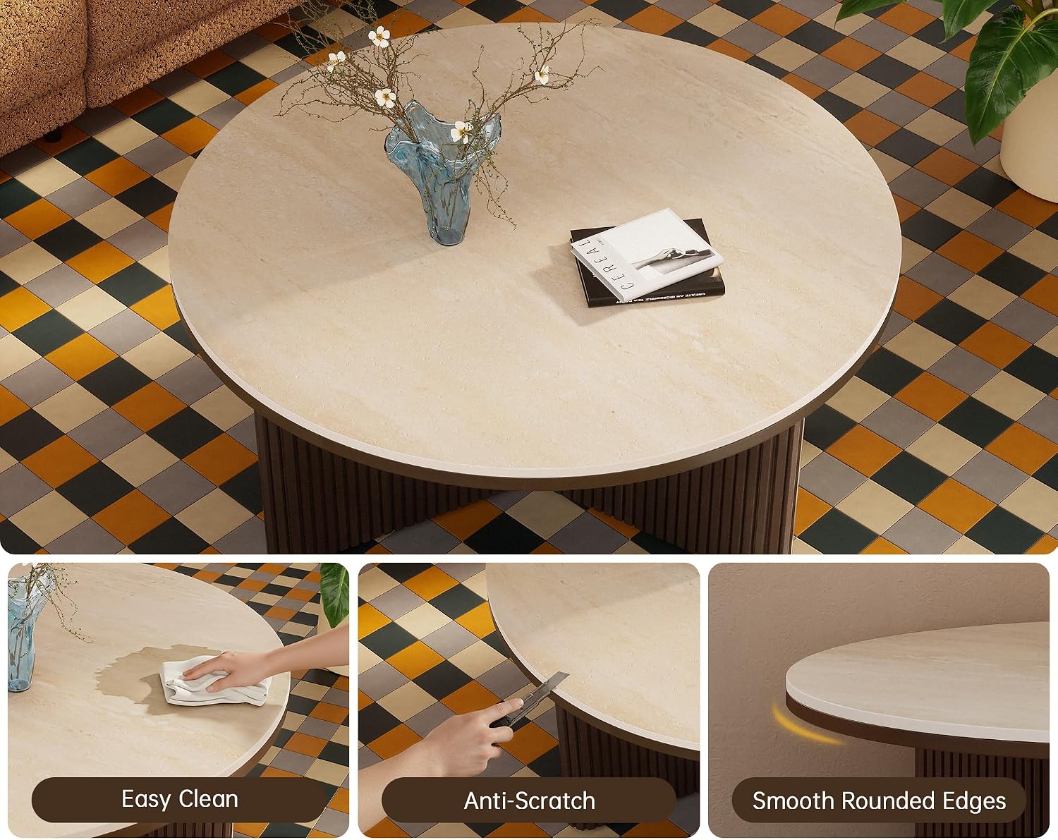 Morden Fort Round Coffee Table for Living Room, Faux Marble Coffee Table Sintered Stone Top & Solid Fluted Wood Base Modern Coffee Circle Table for Apartment Living Room Porch - 33'' Beige Top