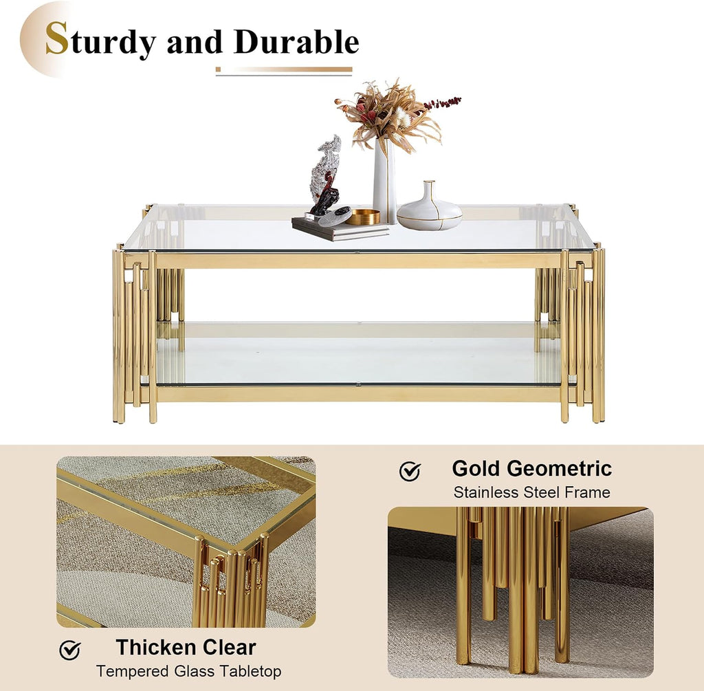 Glass Coffee Table and End Table Set of 3, Luxury Coffee Table Set with Tempered Glass & Gold Stainless Steel Legs, 3 Piece Living Room Table Set for Bedroom Home Office