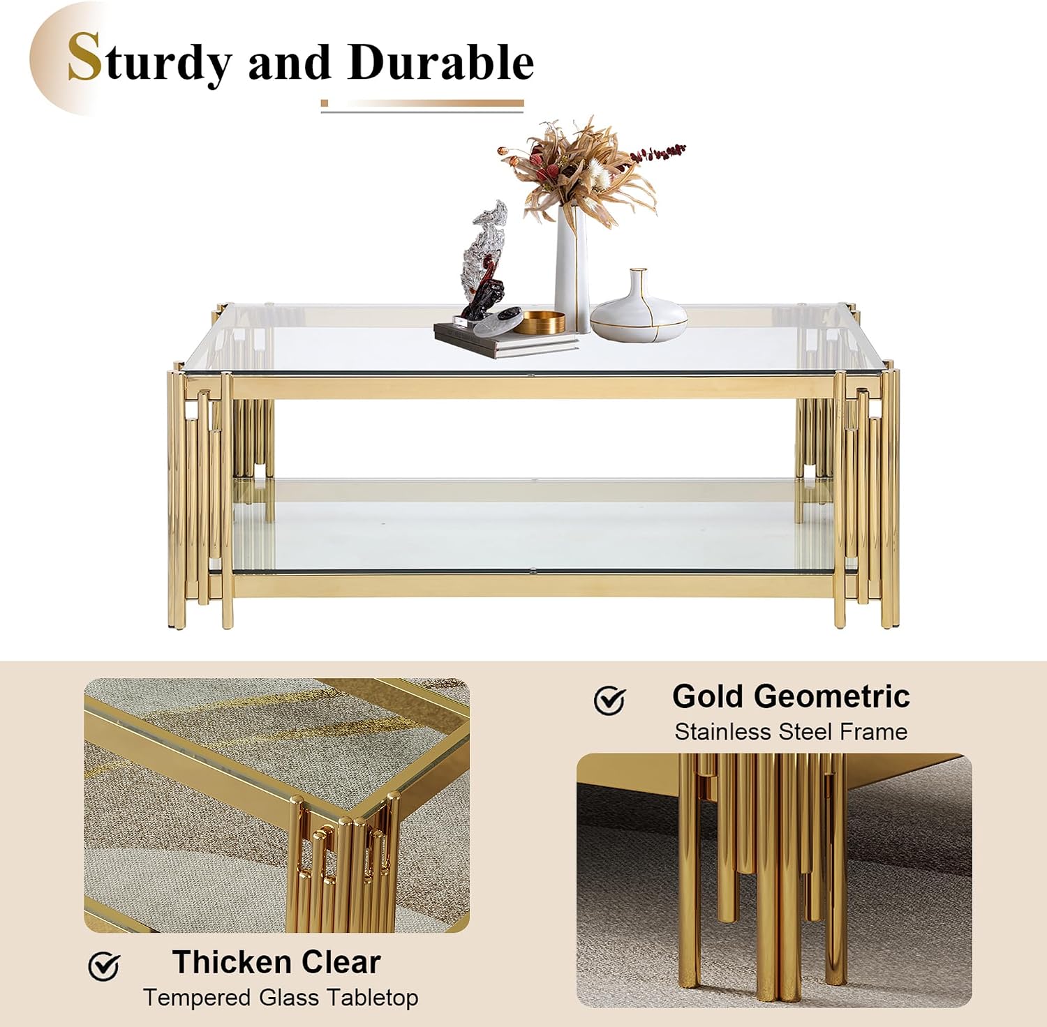 3 Pieces Glass Living Room Table Set Modern Coffee Table Console Table End Table Set with Storage 2-Tier Glass Gold Coffee Table Set w/Stainless Steel Frame for Apartment Home Office