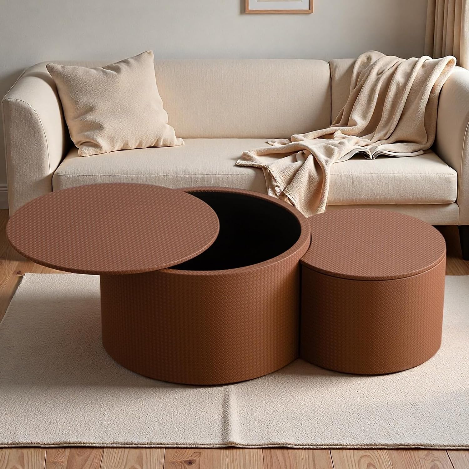 WXFKLDJ Nesting Coffee Tables Set of 2 Leather Finish Round Coffee Tables with Storage Wood Frame Drum End Side Table for Small Space Living Room Bedroom No Assembly Needed (Brown with Storage)