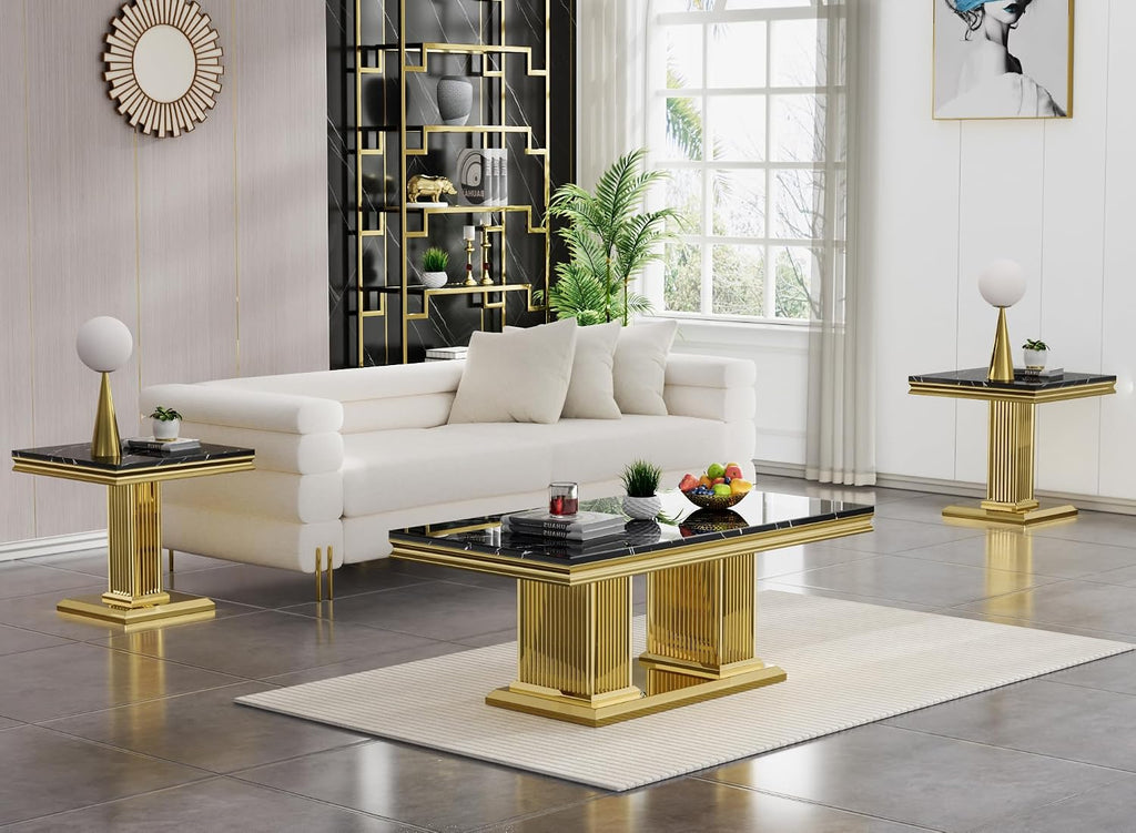 3 Pieces Coffee Table Set, Faux Marble Living Room Table Set of 3, Modern Coffee Table and 2 End Tables with Column-Shaped Stainless Steel Base for Living Room Office (Black Gold)