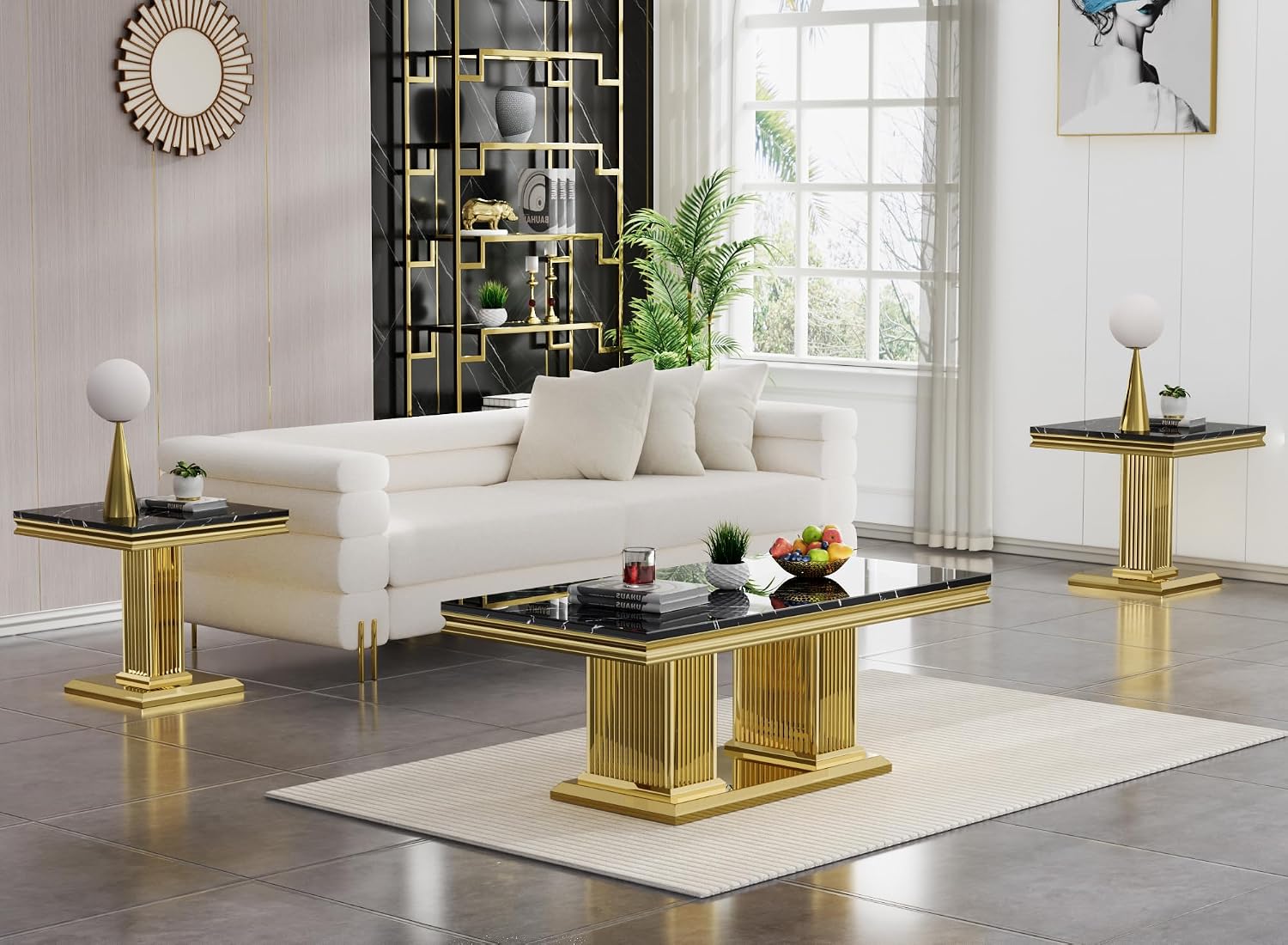 3 Pieces Coffee Table Set, Faux Marble Living Room Table Set of 3, Modern Coffee Table and 2 End Tables with Column-Shaped Stainless Steel Base for Living Room Office (Black Gold)