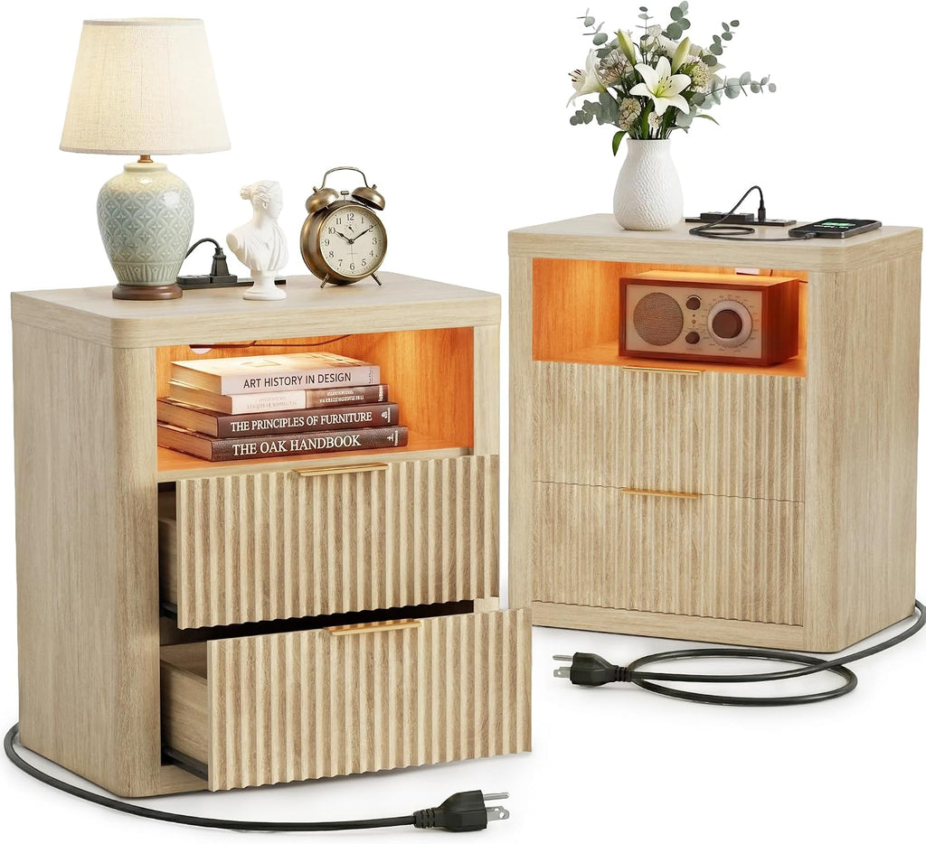 YESHOMY Fluted Nightstands Set of 2 with Charging Station,24' Night Stand with 2 Drawers and Storage Shelf,RGB LED Lighting,Arc Edge Fluted Bedside Table for Bedroom,Natural Wood