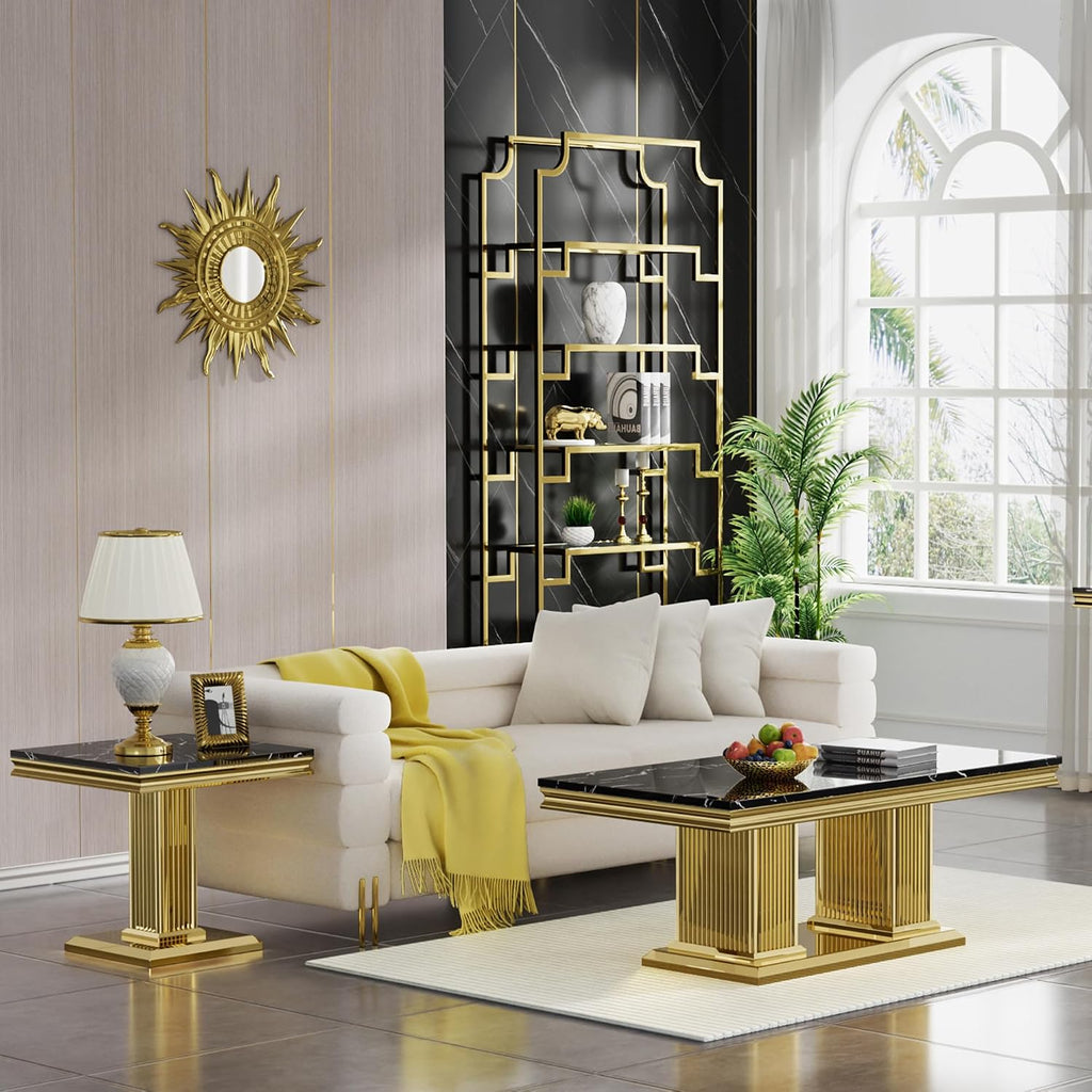 2 Pieces Coffee Table Set, Faux Marble Living Room Table Set of 2, Modern Coffee Table and End Table with Column-Shaped Stainless Steel Base for Living Room Office (Black Gold)