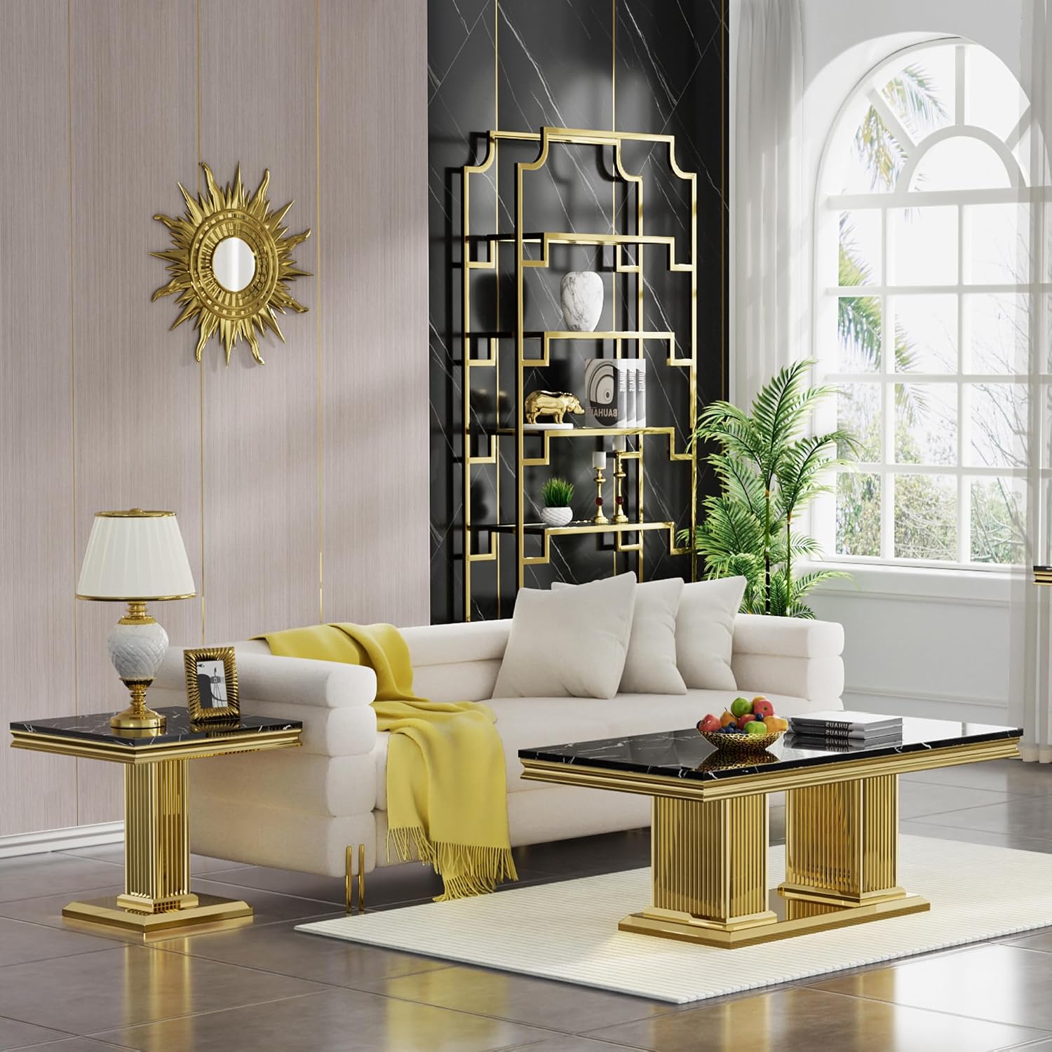 2 Pieces Living Room Table Set, Faux Marble Coffee Table Set of 2, Modern Coffee Table and End Table with Column-Shaped Stainless Steel Base for Living Room Office Black Gold