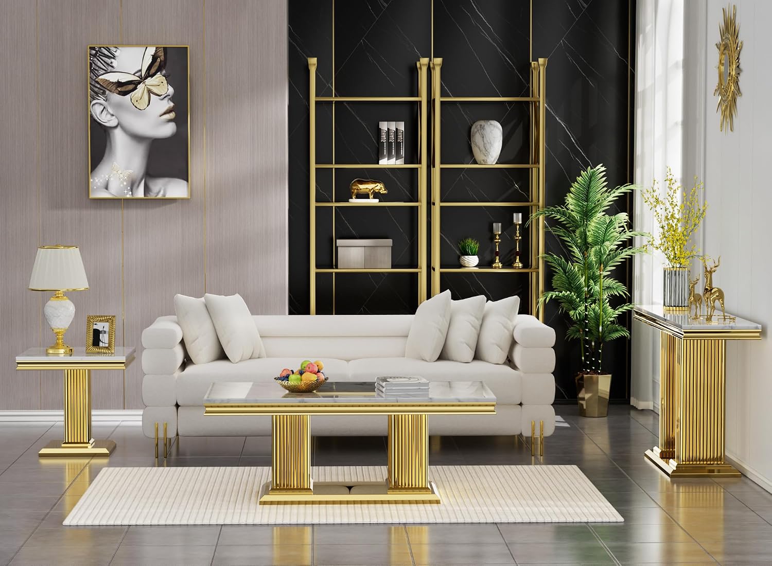 3 Pieces Living Room Table Set, Faux Marble Coffee Table Set of 3, Modern Coffee Table, Console Table and End Table with Column-Shaped Stainless Steel Base for Living Room Office White Gold