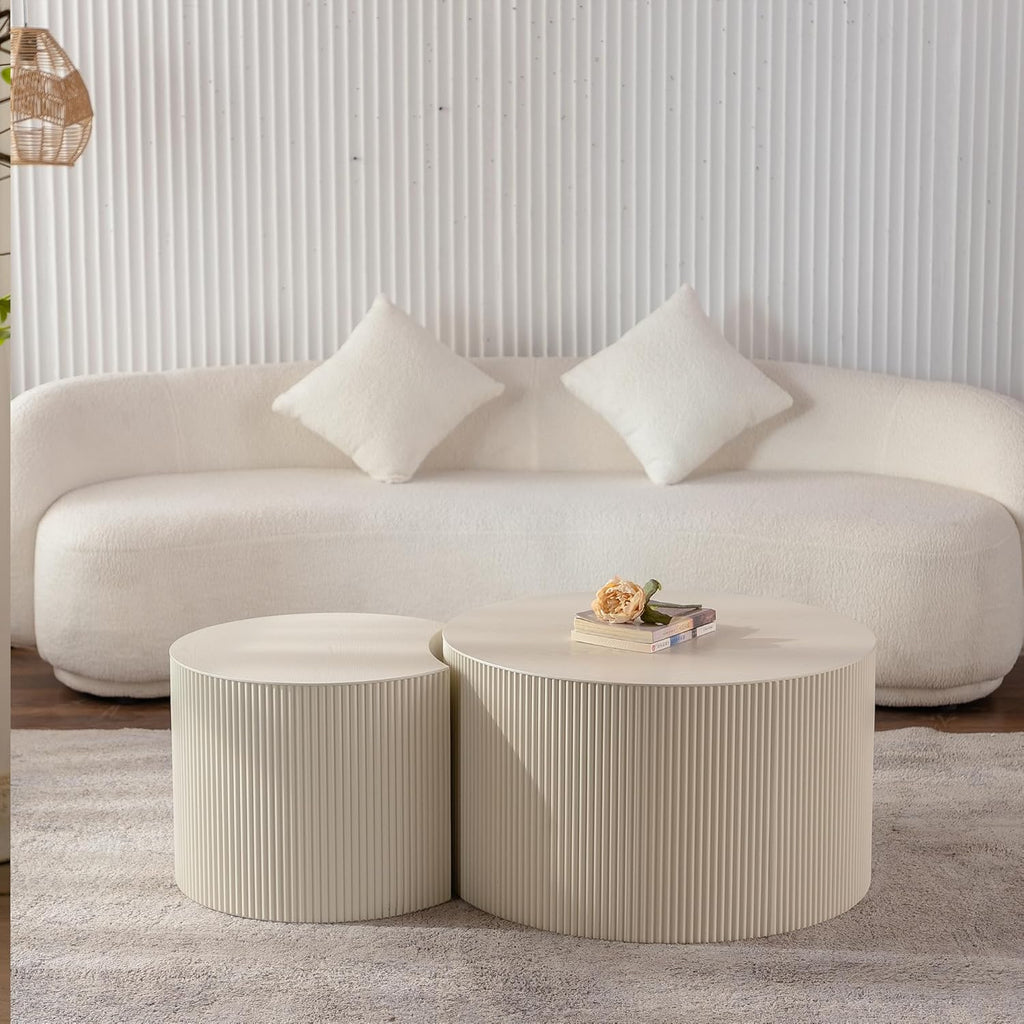47.25 inch Nesting Coffee Table Set of 2, Modern Round Coffee Table End Table Set for Living Room, Wood Circle Drum Side Table Beige