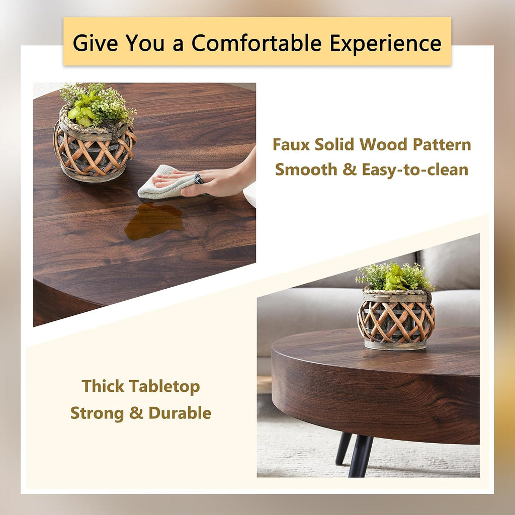 Round Coffee Table with Storage Walnut Wood Coffee Table for Living Room Mid Century Modern Coffee Tables