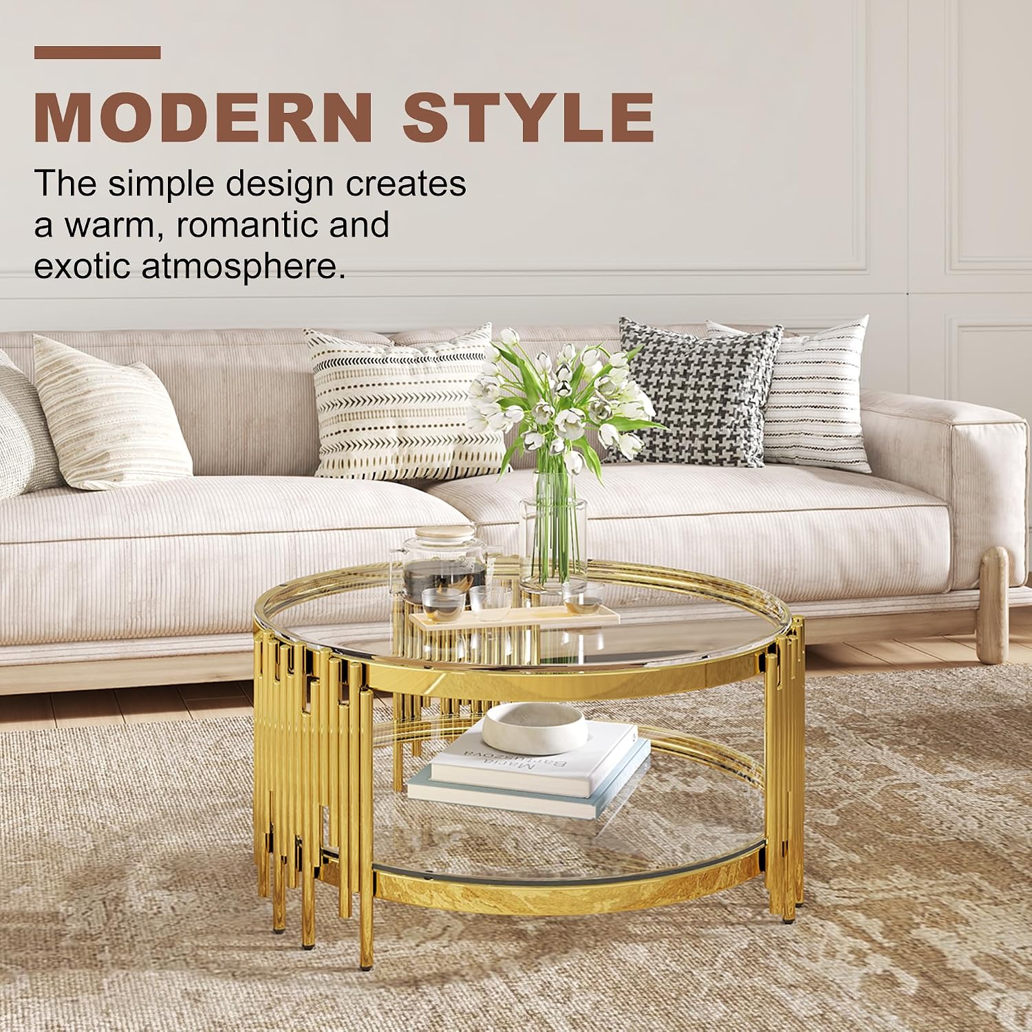 2-Tier Glass Coffee Table for Living Room, 35 inch Round Center Table with Tempered Glass Top and Stainless Steel Frame for Apartment, Home, Easy Assembly, Gold/Clear