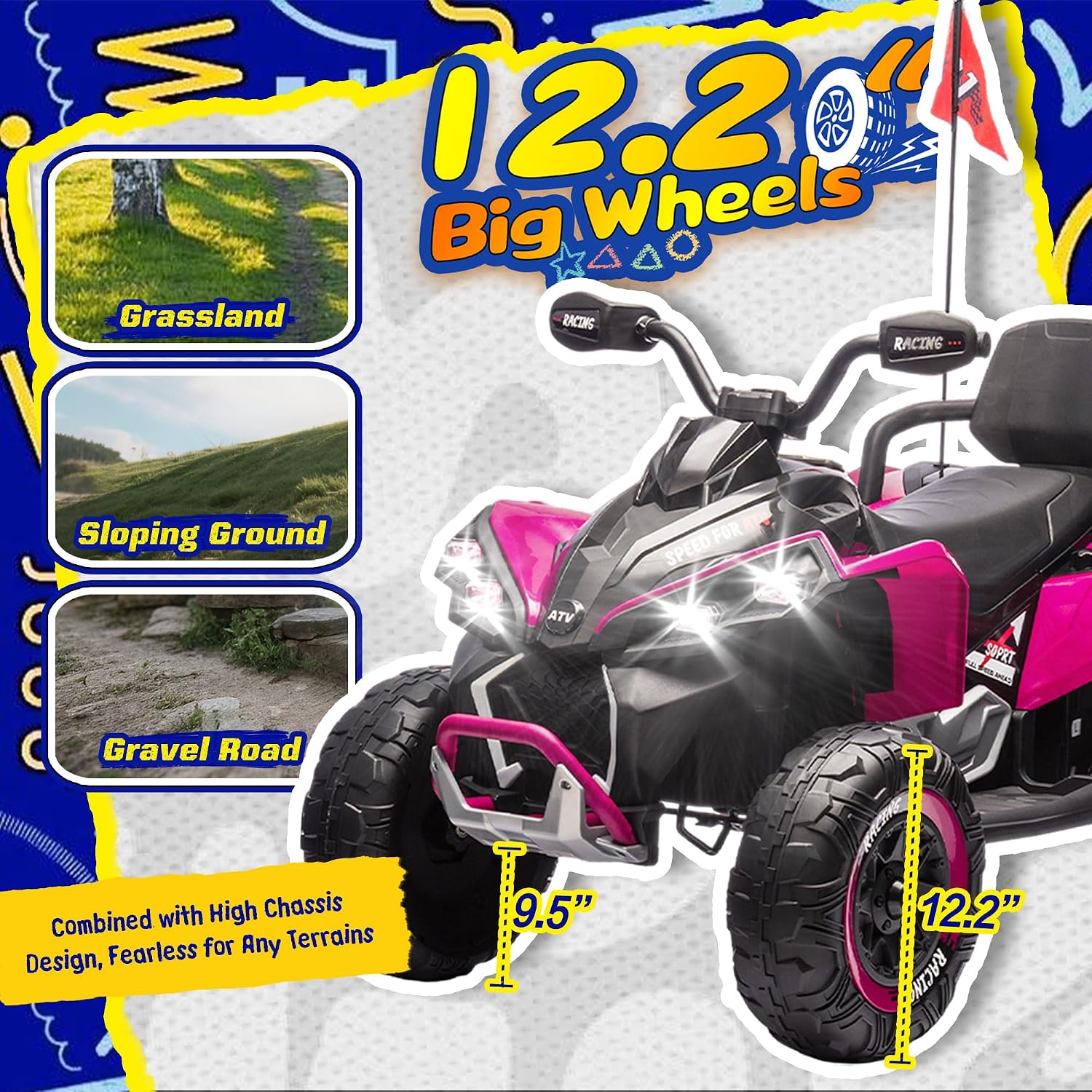 XL 2-Seater Kids Ride on ATV 24V Ride on Toys for Big Kids W/Parents Control, High Chassis, 4-Wheel Shock Absorber, Authentic Off-Road Kid's ATV Car with Music, Lights, Bluetooth, Pink