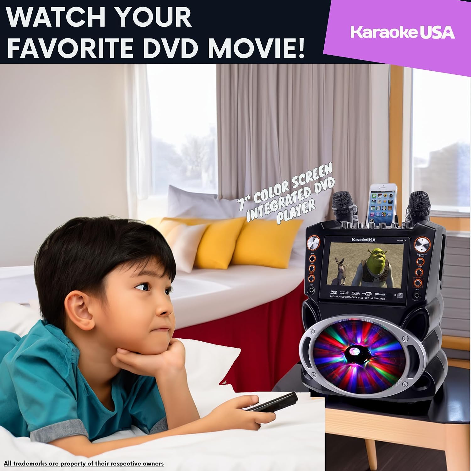 Karaoke Machine with Lyrics Display 7' Screen. CD+G, DVD, MP3+G, MP3, CD & USB. Wireless Bluetooth Speaker with LED Disco Lights. Includes 2 Wired Microphones and 2 Bonus Karaoke Discs By Karaoke USA