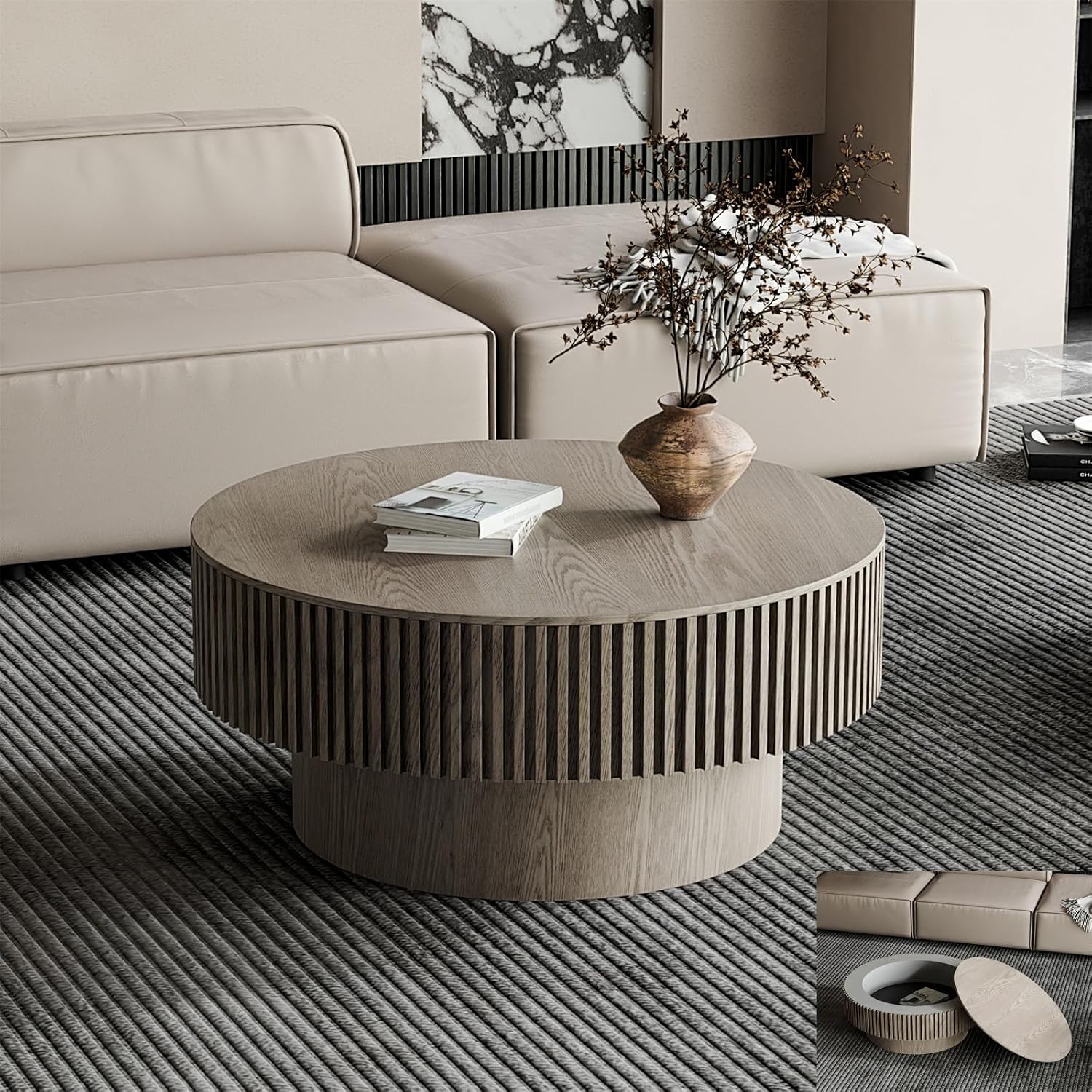 31.5'' Round Coffee Table for Living Room, Fluted Coffee Tables with Hidden Storage, Solid Wood Veneered Circle Modern Tea Table for Small Space Apartment (Grey-31.5''D×14''H)