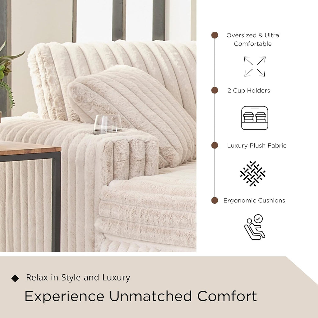 Roundhill Furniture Belvoir 3-Piece Living Room Set, Sofa Cuddle Chaise and Ottoman, Beige Champagne