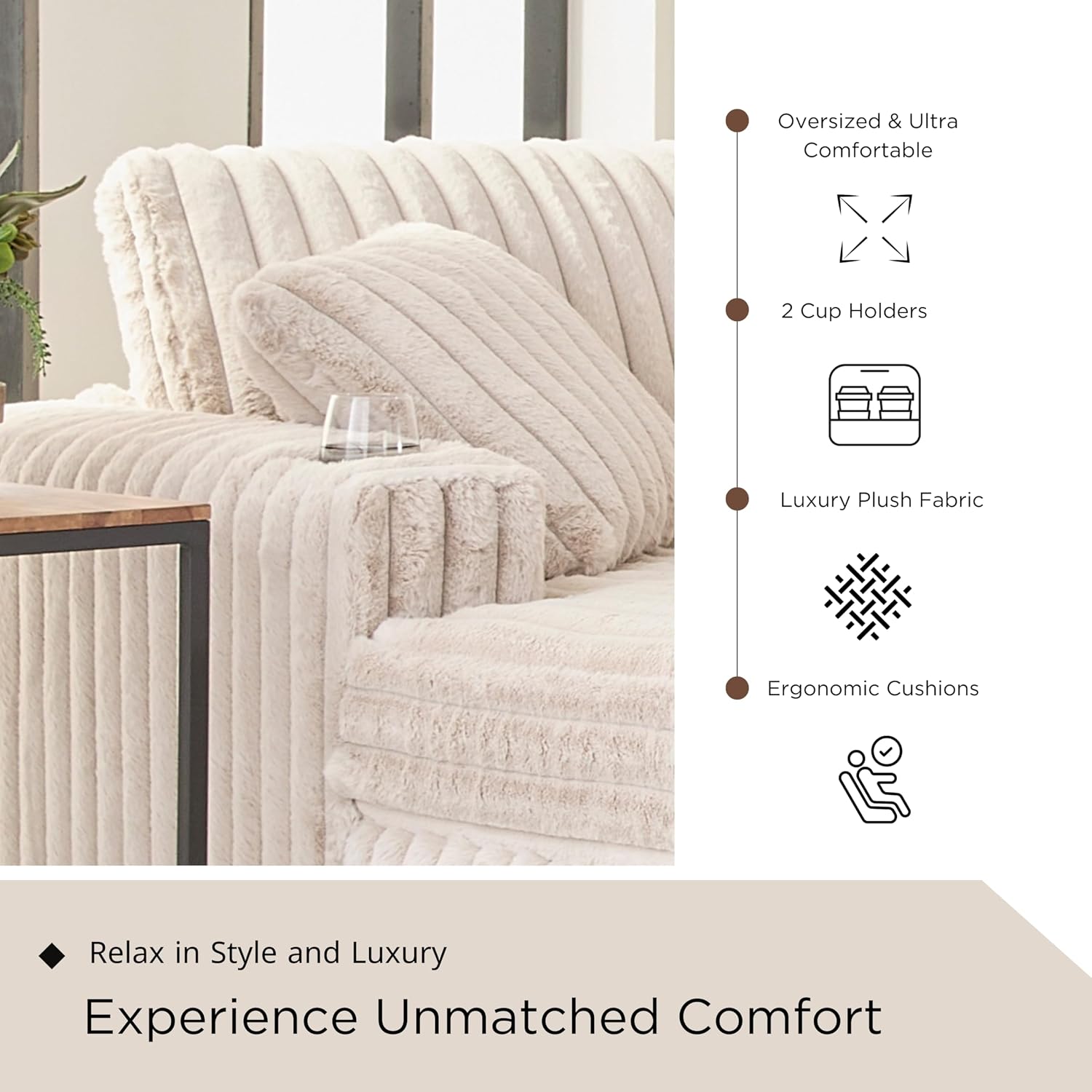 Roundhill Furniture Belvoir 3-Piece Living Room Set, Sofa Cuddle Chaise and Ottoman, Beige Champagne