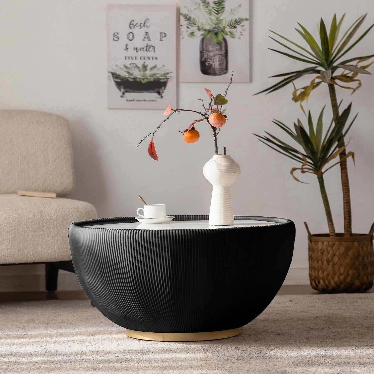 29.53' Round Coffee Table, Modern Cocktail Tables with Decorative Vertical Texture, 29.53 inch Black Bowl Center Tables, Accent Sintered Stone Coffee Table for Living Room Apartment Office