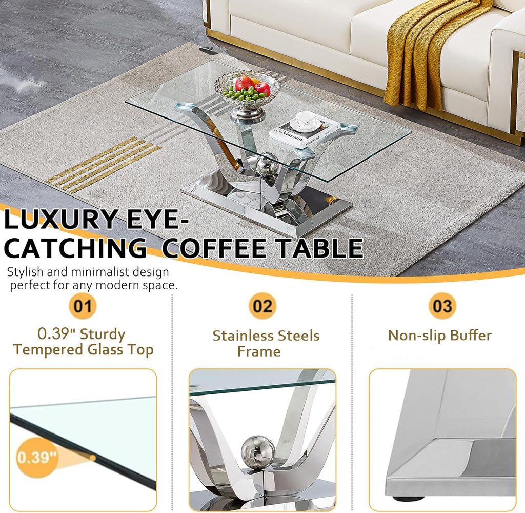 47' Glass Coffee Table, Modern Silver Cofee Table Living Room Table with Gorgeous Mirrored Stainless Steel Base,Luxury Rectangular Center Coffee Tables for Living Room,Apartment,Office