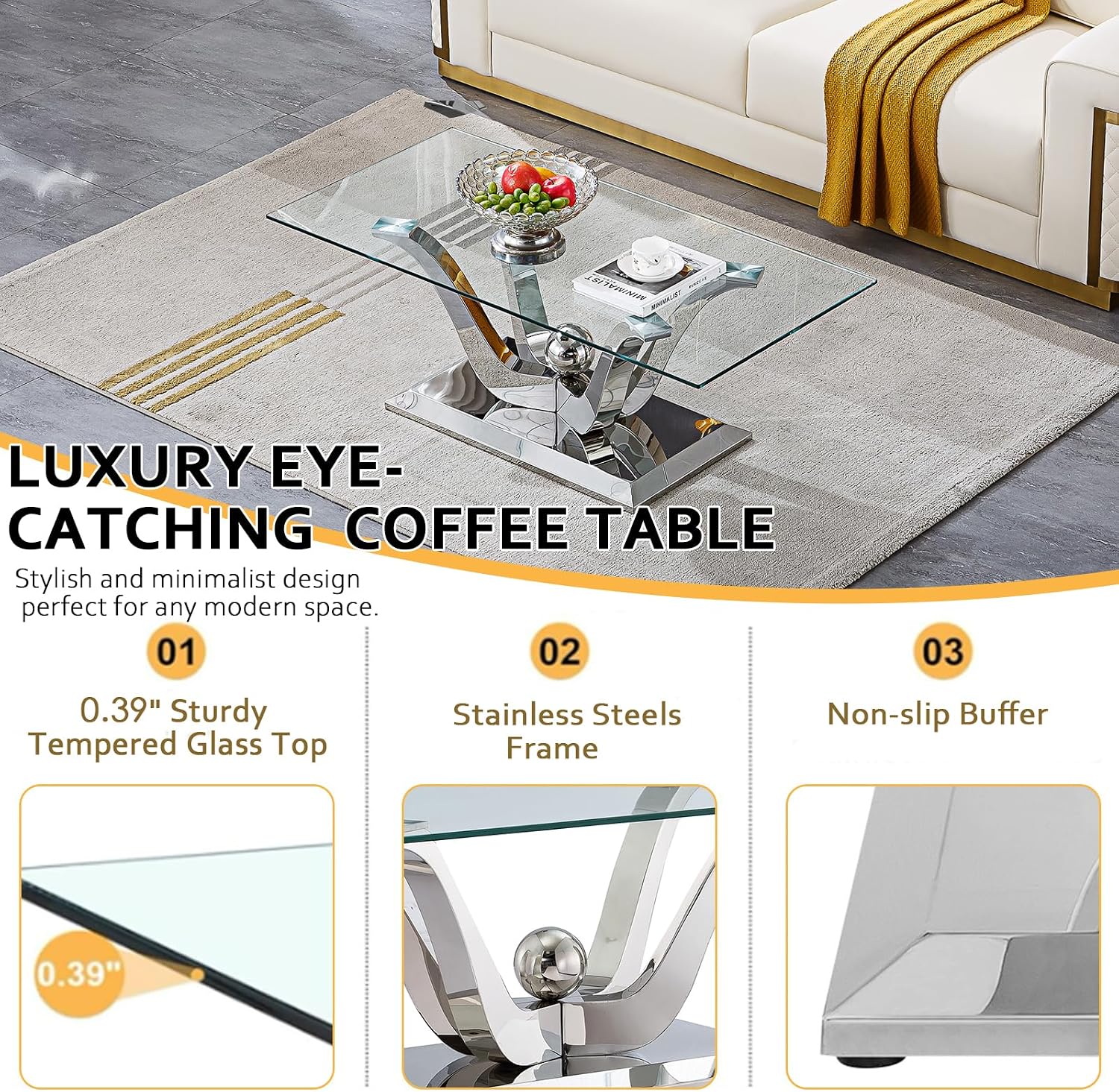 47' Glass Coffee Table, Modern Silver Cofee Table Living Room Table with Gorgeous Mirrored Stainless Steel Base,Luxury Rectangular Center Coffee Tables for Living Room,Apartment,Office