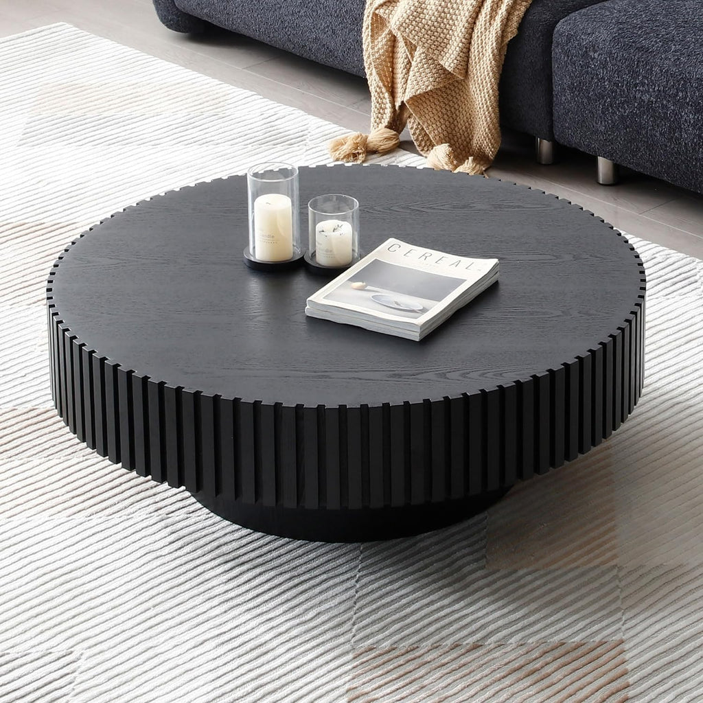 WILLIAMSPACE 35.43' Black Round Coffee Table, Modern Luxury Wood Circle Drum Center Table for Living Room, Accent Side End Table for Apartment, ø35.43' x 13.77'H (Black)