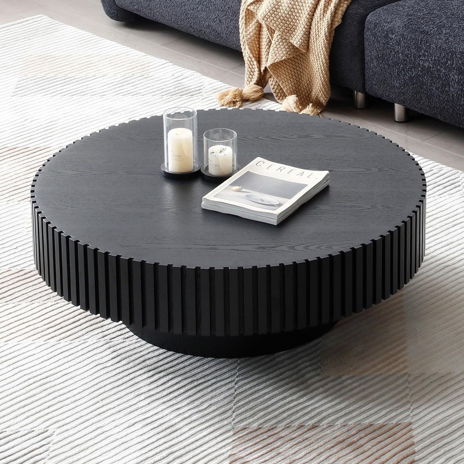 WILLIAMSPACE 35.43' Black Round Coffee Table, Modern Luxury Wood Circle Drum Center Table for Living Room, Accent Side End Table for Apartment, ø35.43' x 13.77'H (Black)