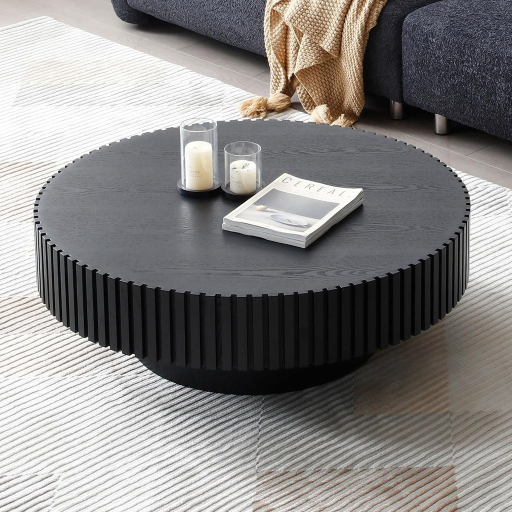 31.49' Round Coffee Table Wood, Modern Unique Circle Coffee Table, Contemporary Oak Drum Fluted Accent Side Table Center for Living Room, Small Space, Apartment, Black