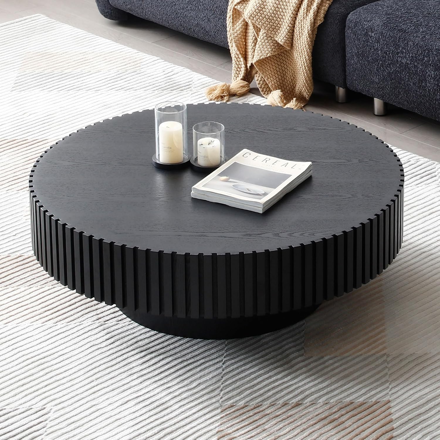 31.49' Round Coffee Table Wood, Modern Unique Circle Coffee Table, Contemporary Oak Drum Fluted Accent Side Table Center for Living Room, Small Space, Apartment, Black
